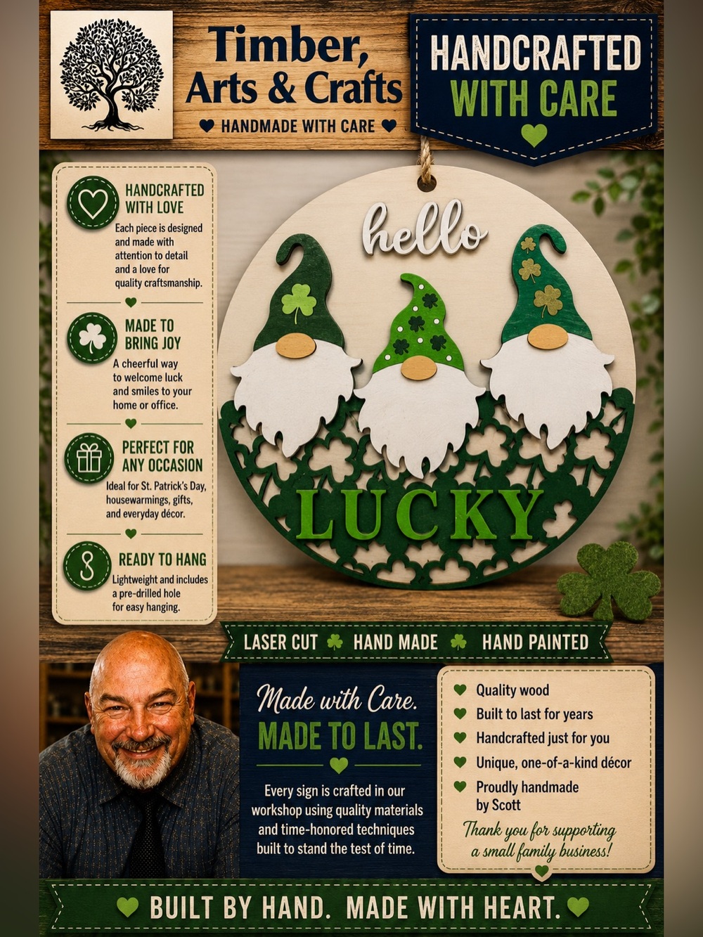 Hand Crafted Wooden Gnome Lucky Shamrock Door Hanger Laser Cut
" Hello”
